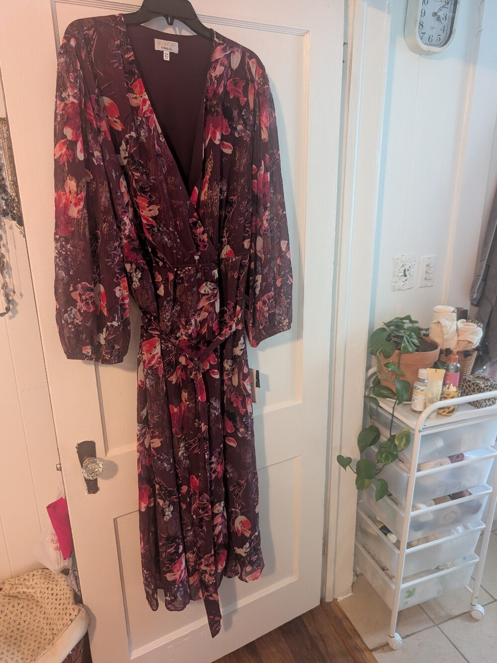 NWT ROBBIE BEE FAUX WRAP FLORAL PLUM BURGUNDY DRESS 24W